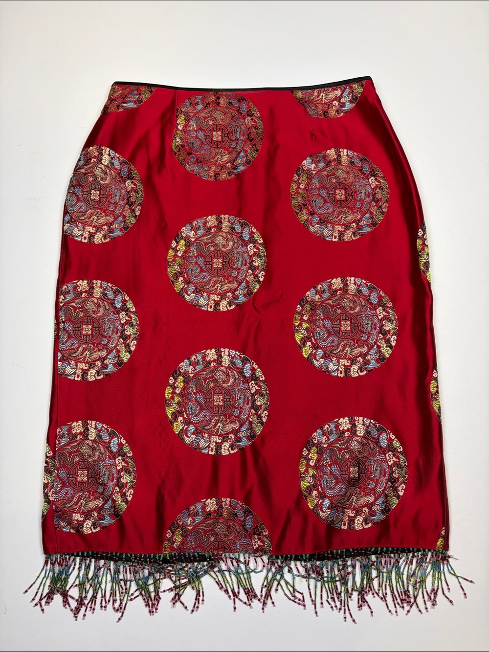 VINTAGE JALOUX SILK RED DRAGON MEDALLION BEADED FRINGE SKIRT SIZE MEDIUM